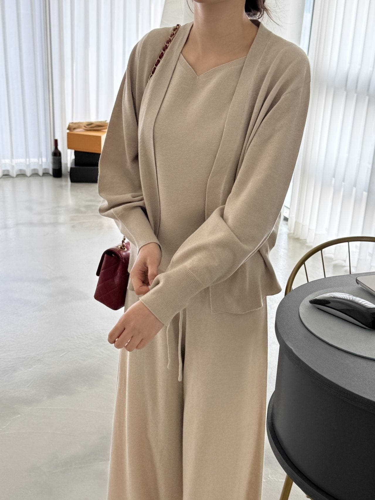 Signature Heart-Neck Cami & Cardigan Set - Beige