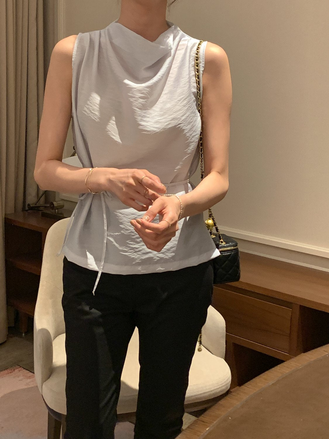 Cowl-Neck Shirring Sleeveless Blouse