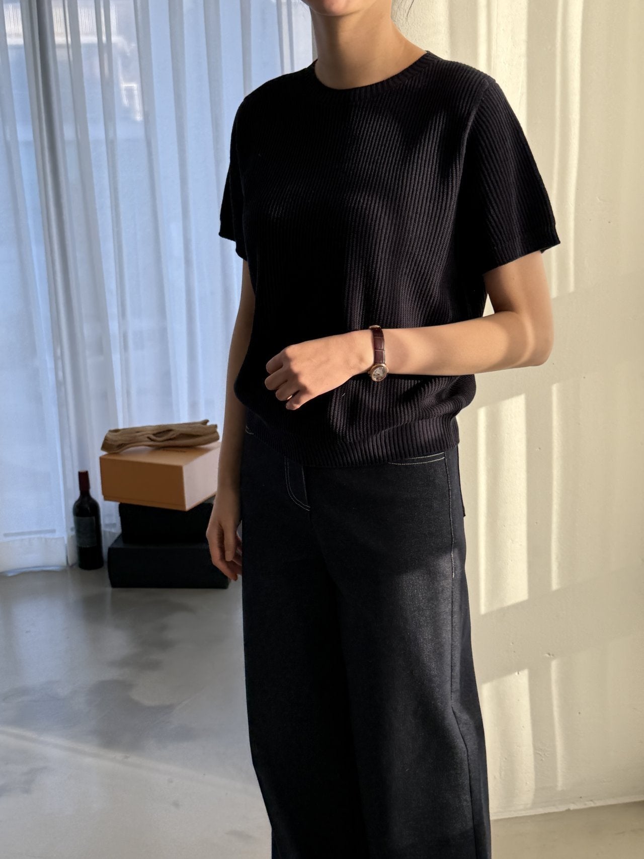 Textured Semi-Crop Knit (Short Sleeve) - Deep Navy