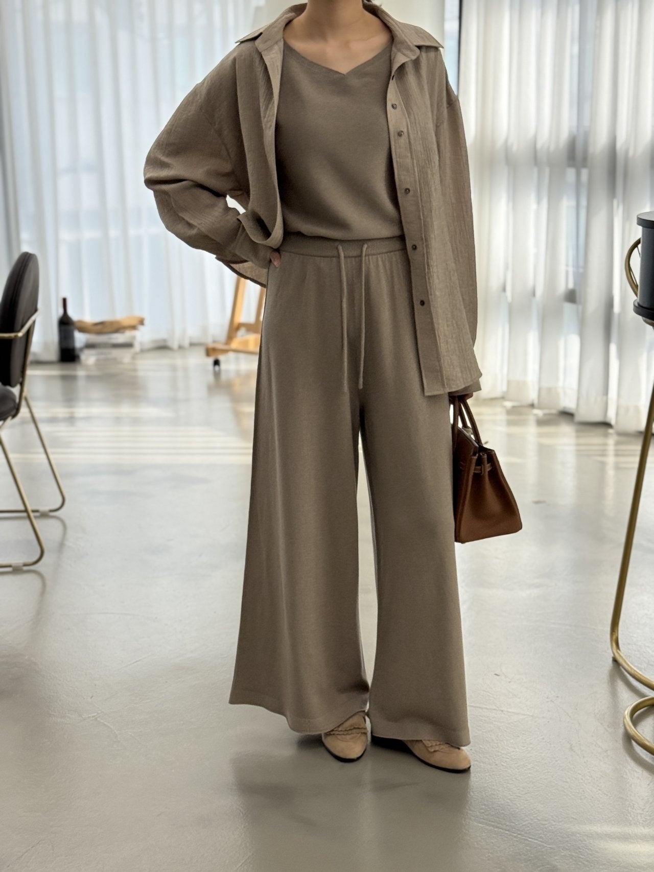 Wool-Tencel Crinkle Belted Overfit Shirt - Mocha Mousse