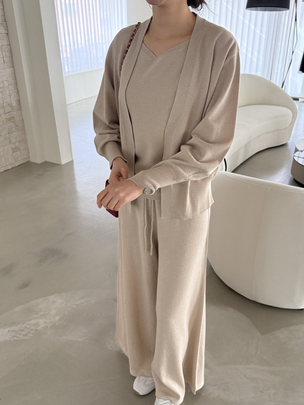 Signature Heart-Neck Cami & Cardigan Set - Beige