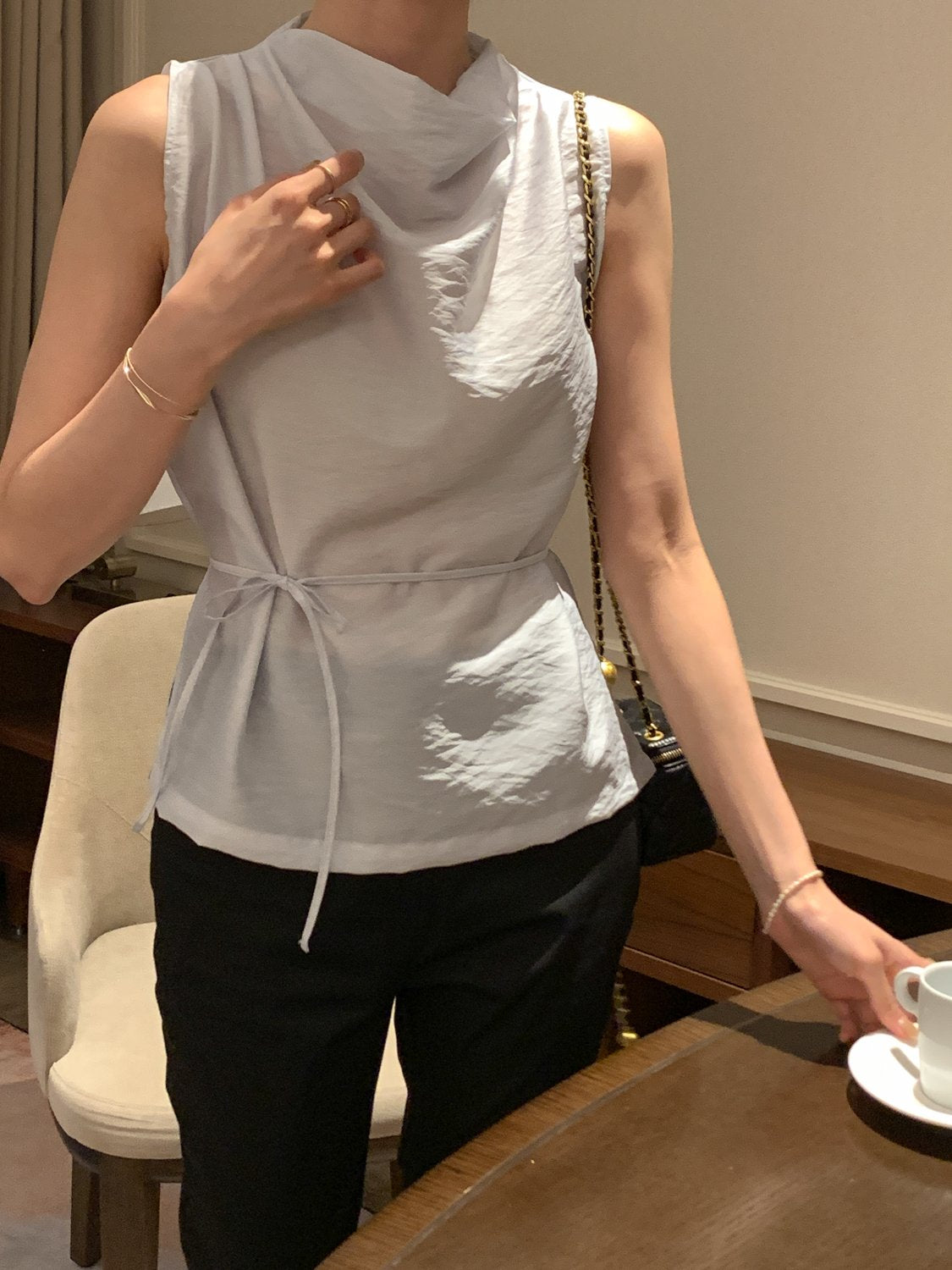 Cowl-Neck Shirring Sleeveless Blouse