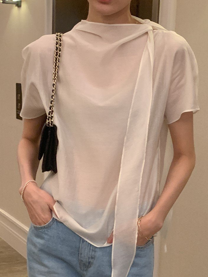 Tie Mock-Neck Blouse