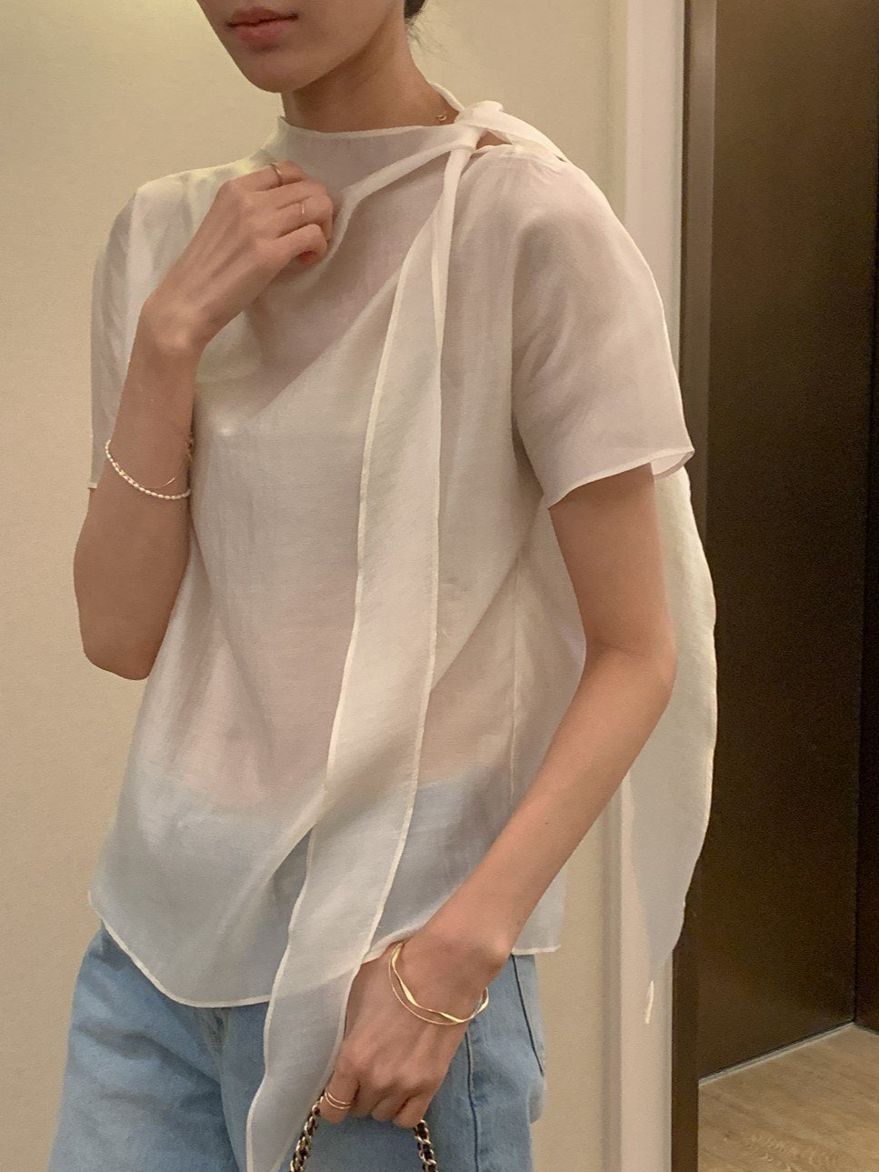Tie Mock-Neck Blouse