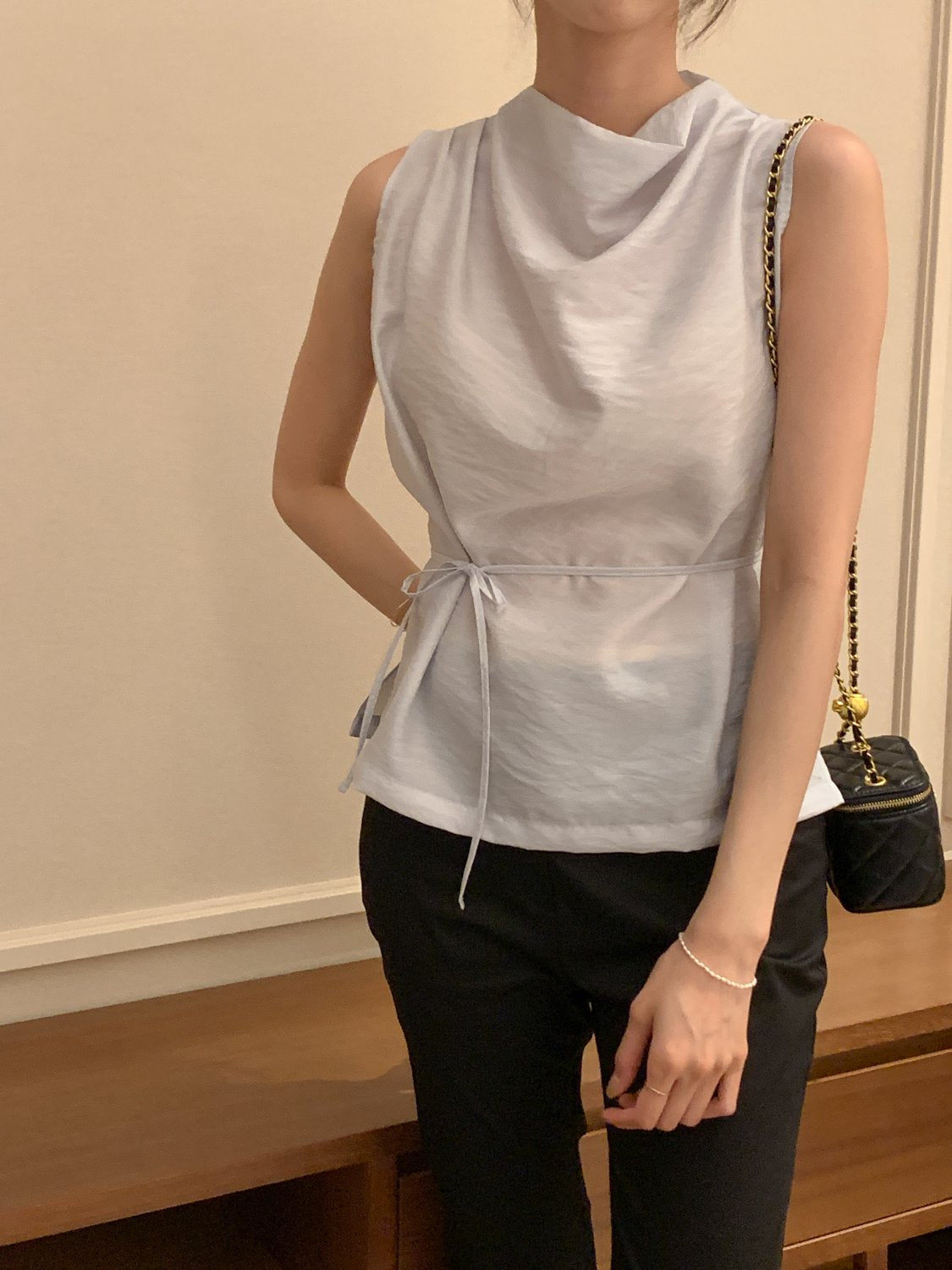Cowl-Neck Shirring Sleeveless Blouse