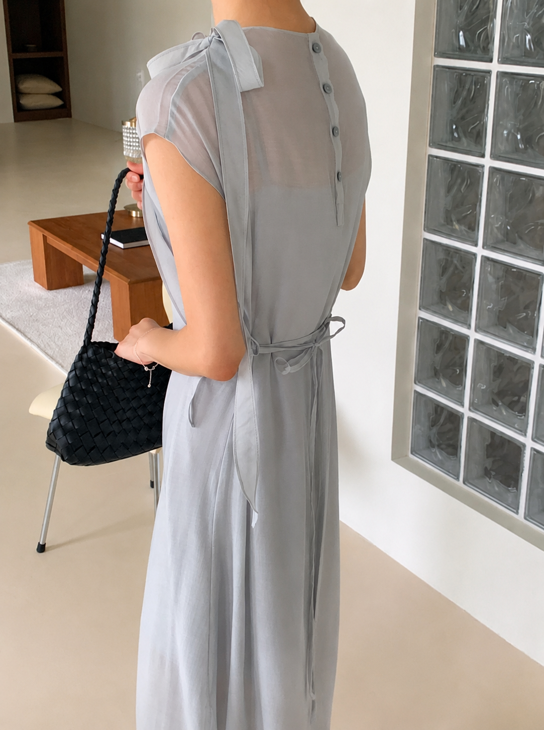 Ribbon Neck Tie Slit Dress