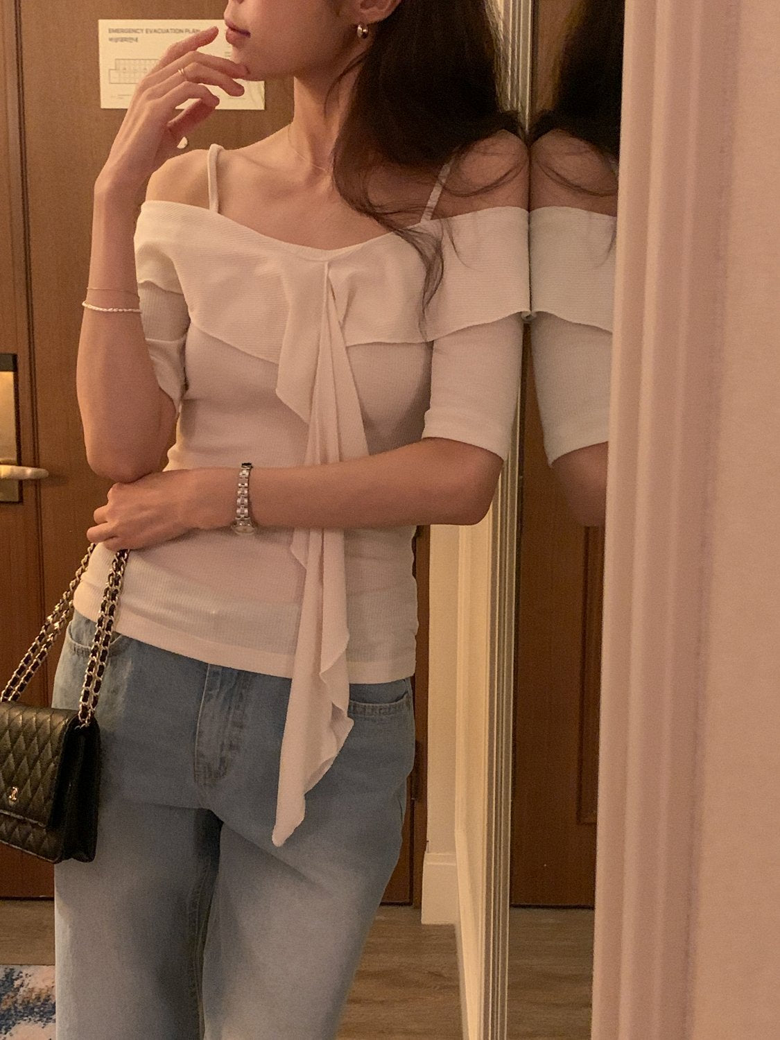 Frill Off the Shoulder Ribbed Tee