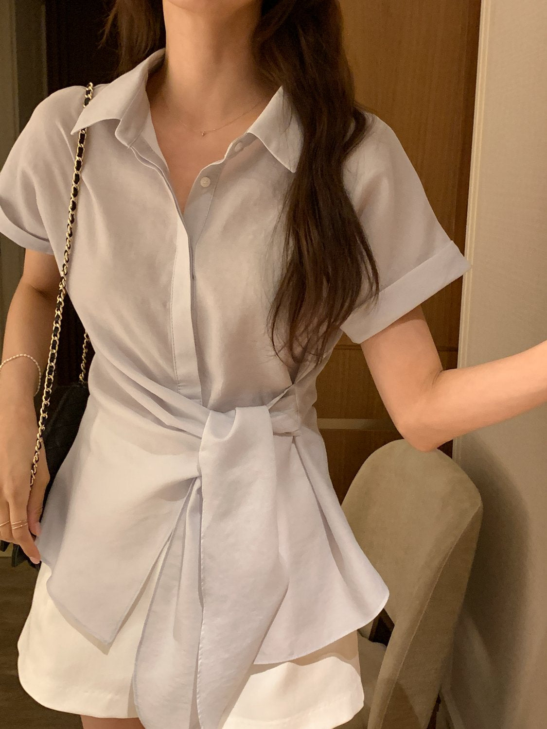 Serene Semi-Open Rolled-Up Wrap Shirt