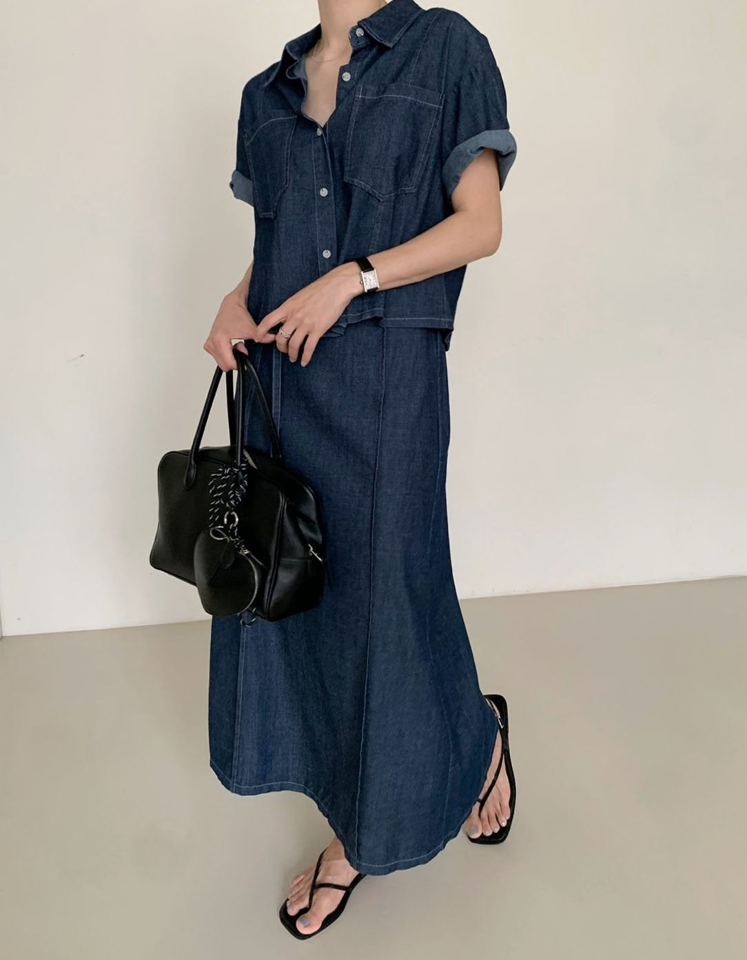 Short Sleeve Denim Shirt & Back-Band Denim Skirt set