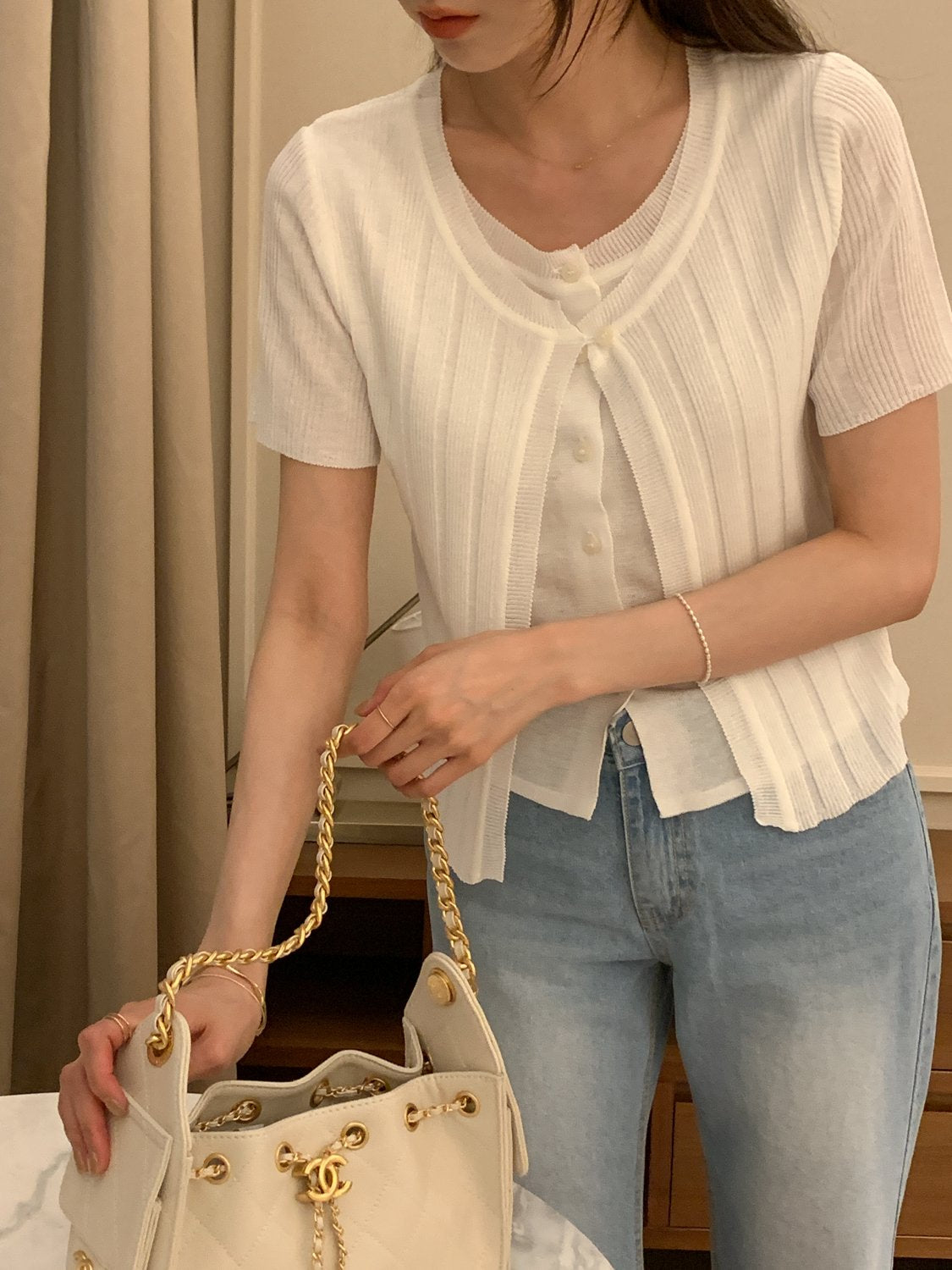 2-in-1 Ribbed Short-Sleeve Cardigan