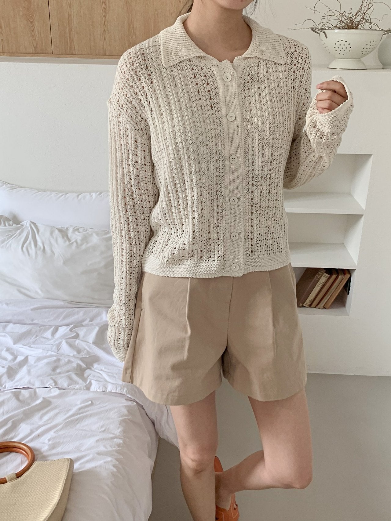 Linen-Cotton Perforated Collar Cardigan