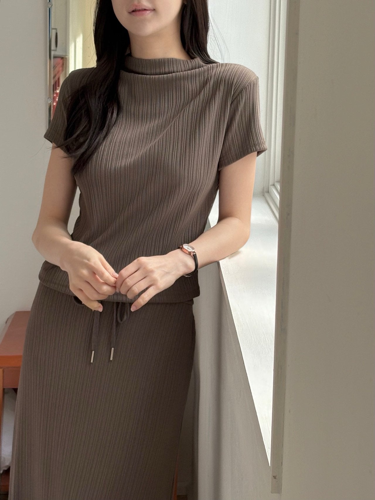 Wrinkle-Textured Half-Sleeve Top & Long Skirt Set
