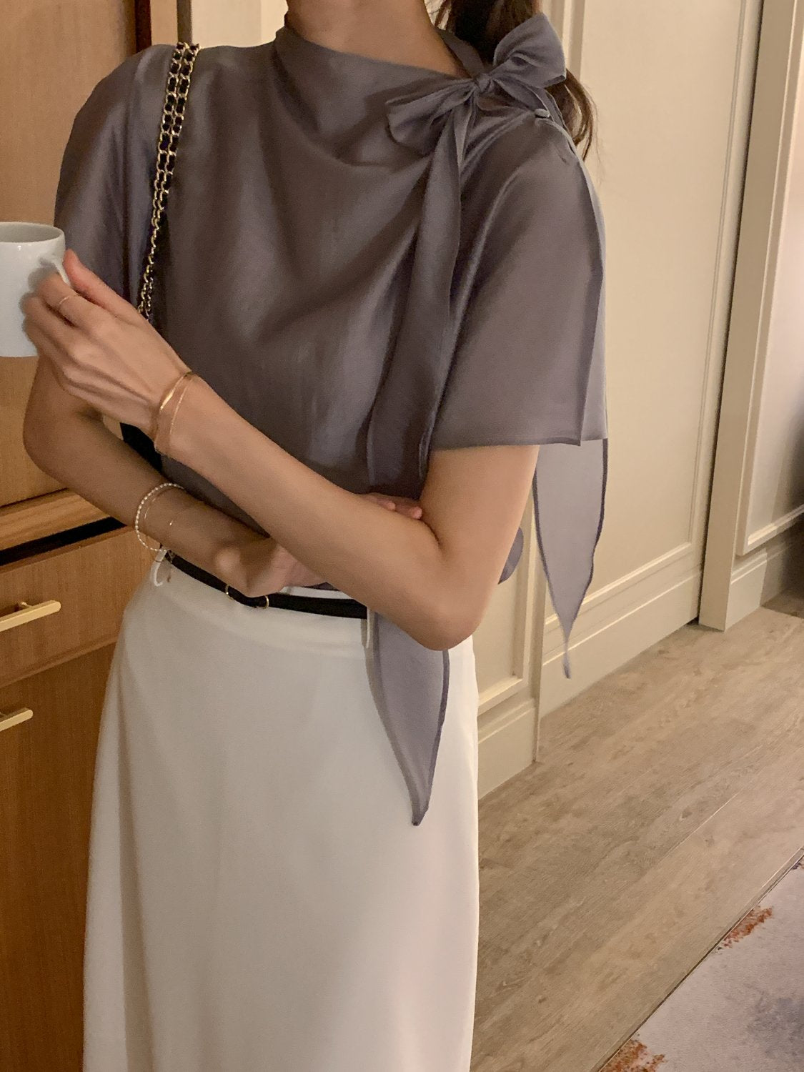 Tie Mock-Neck Blouse