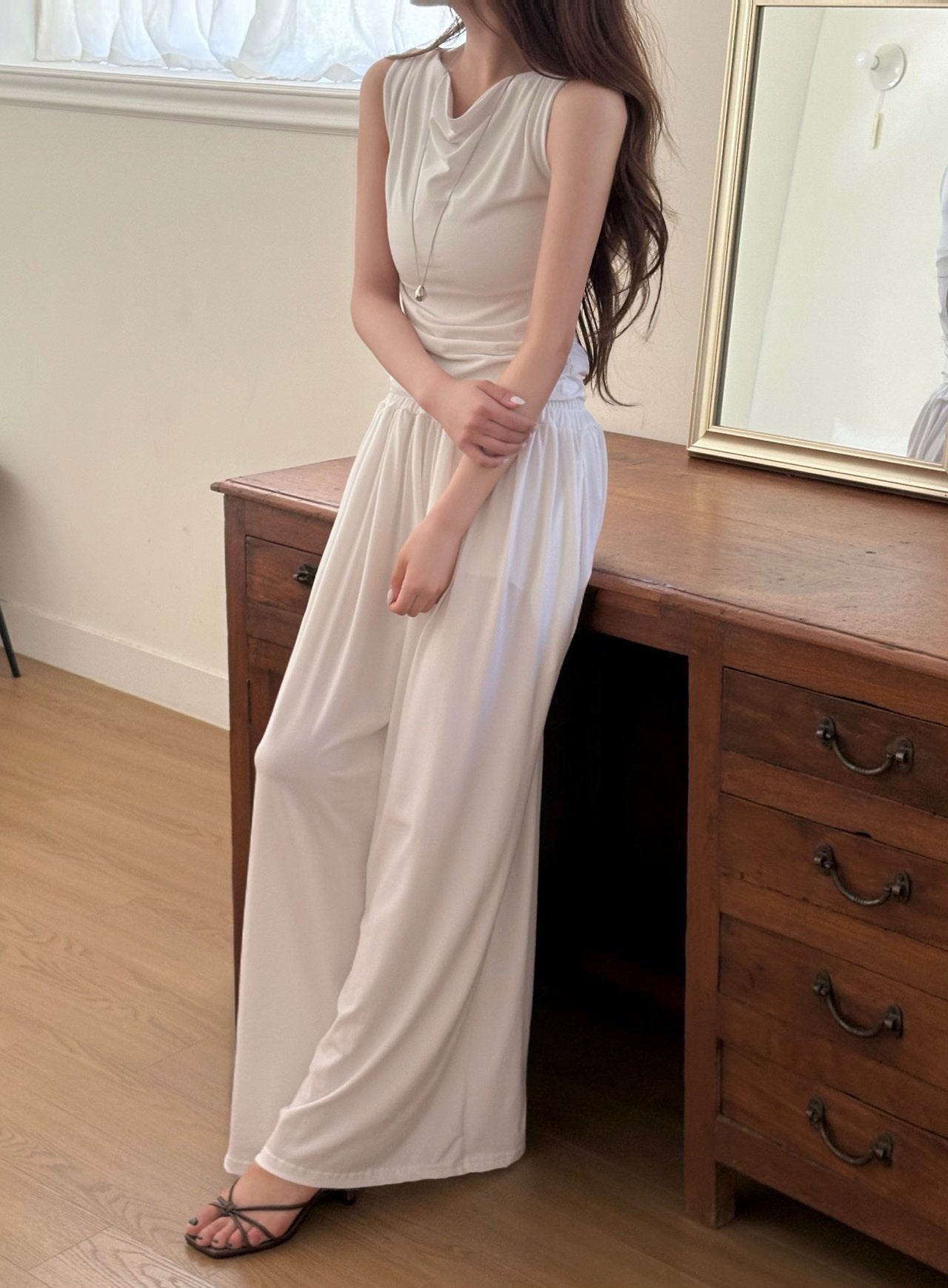 Draped Sleeveless & Wide-Leg Pants Set