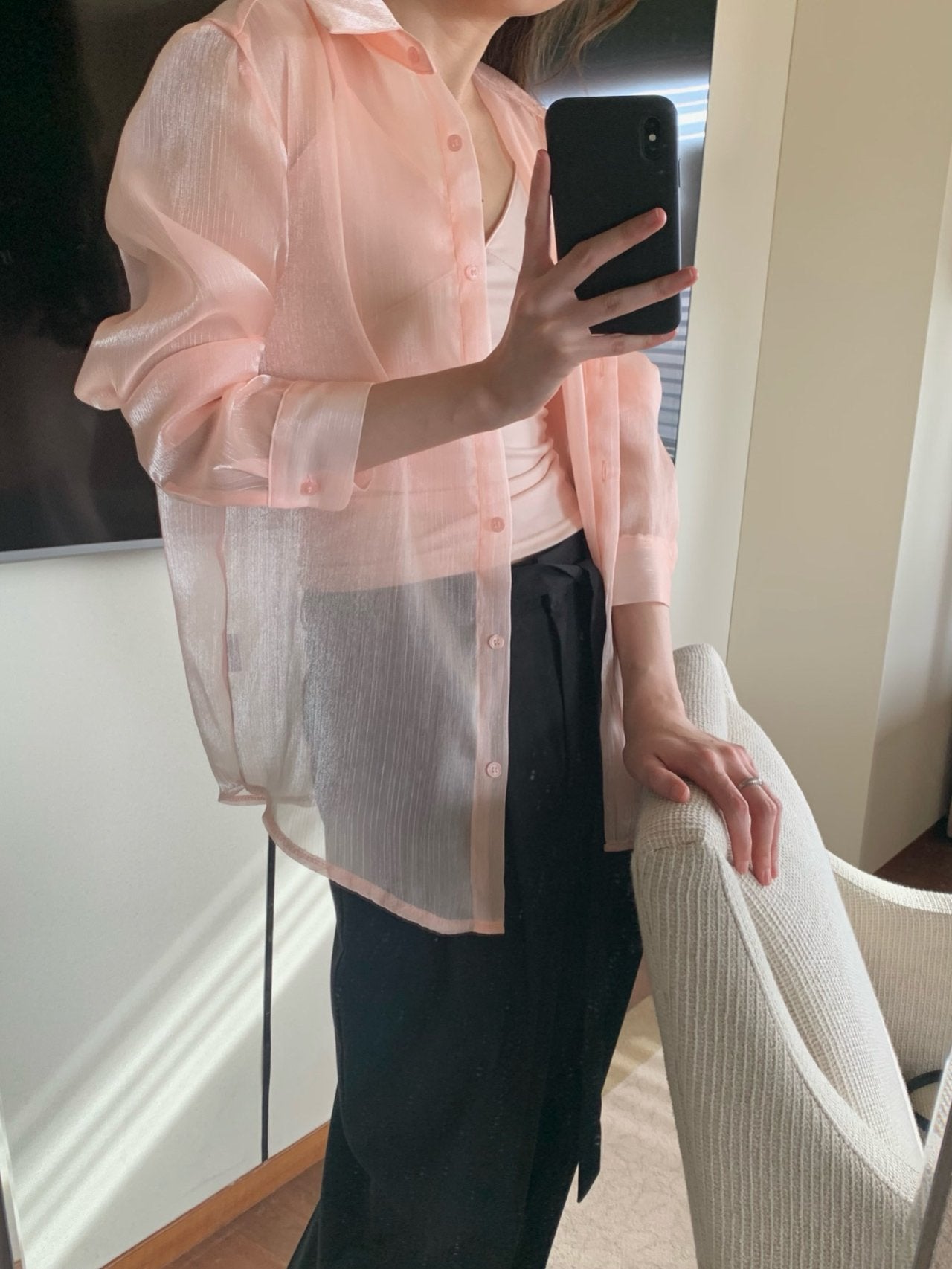 Luxury Organza Sheer Blouse – Sky Blue · White · Peach Pink