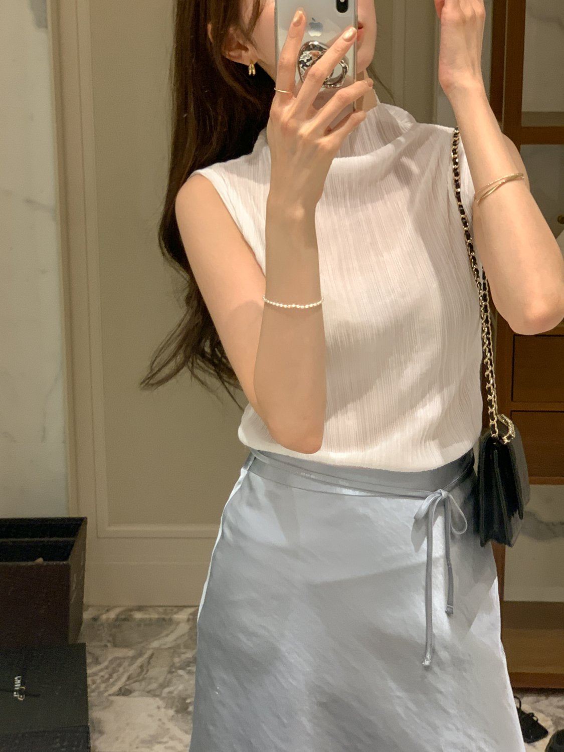 Pleated Mock-Neck Sleeveless Top