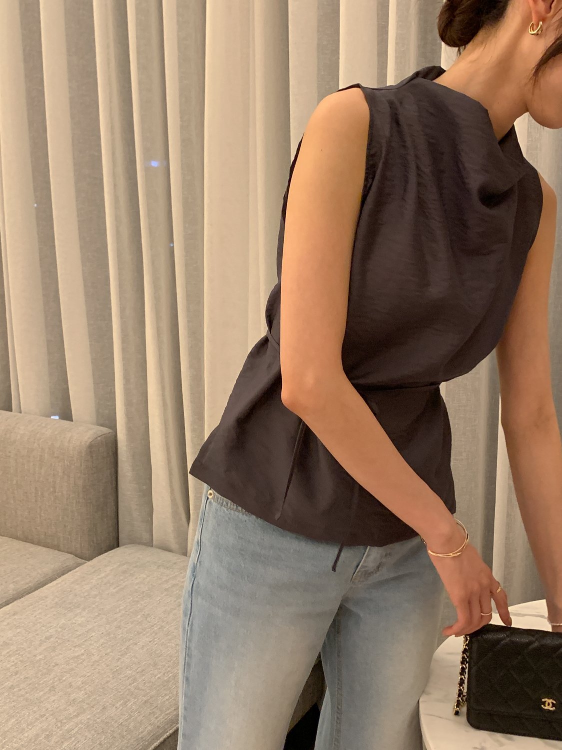 Cowl-Neck Shirring Sleeveless Blouse