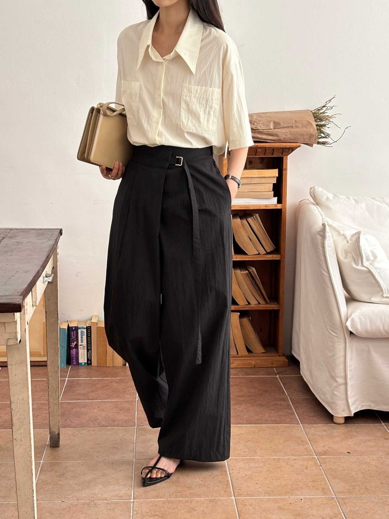 D-Ring Belted Wide Banding Pants