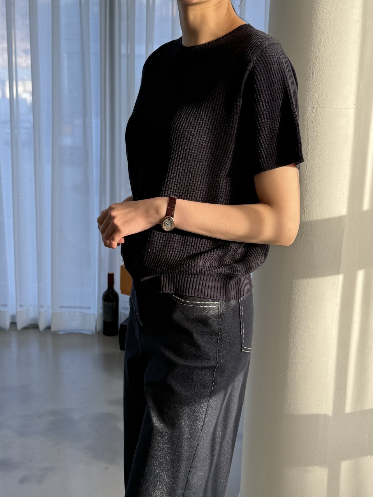 Textured Semi-Crop Knit (Short Sleeve) - Deep Navy