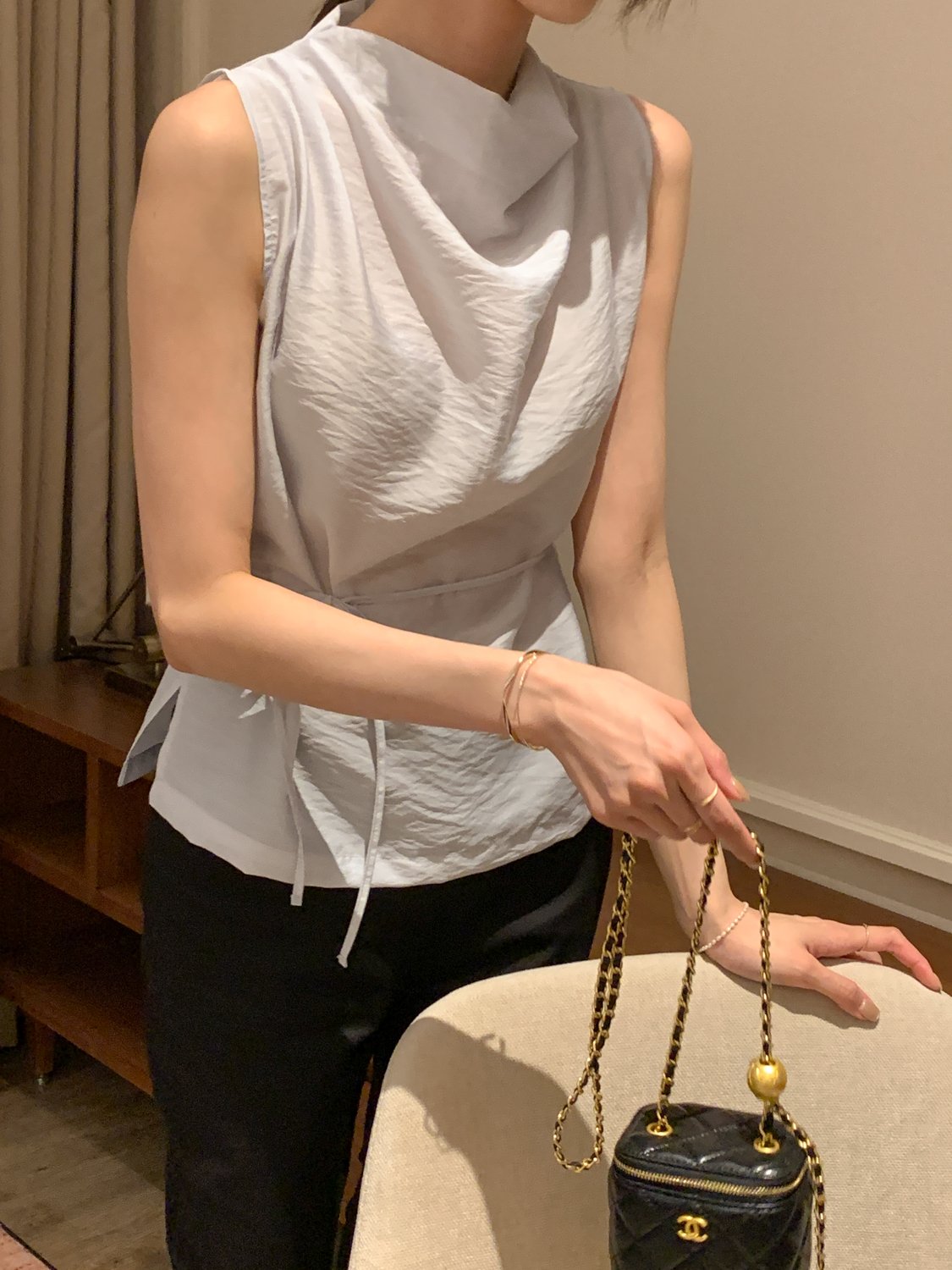Cowl-Neck Shirring Sleeveless Blouse