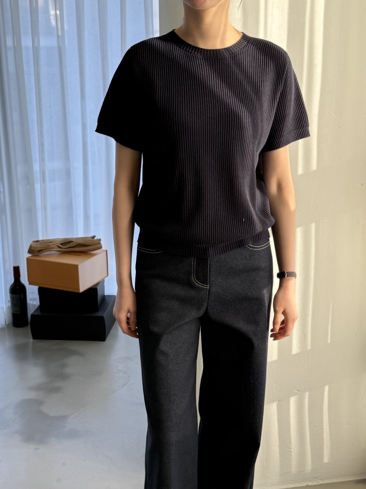 Textured Semi-Crop Knit (Short Sleeve) - Deep Navy