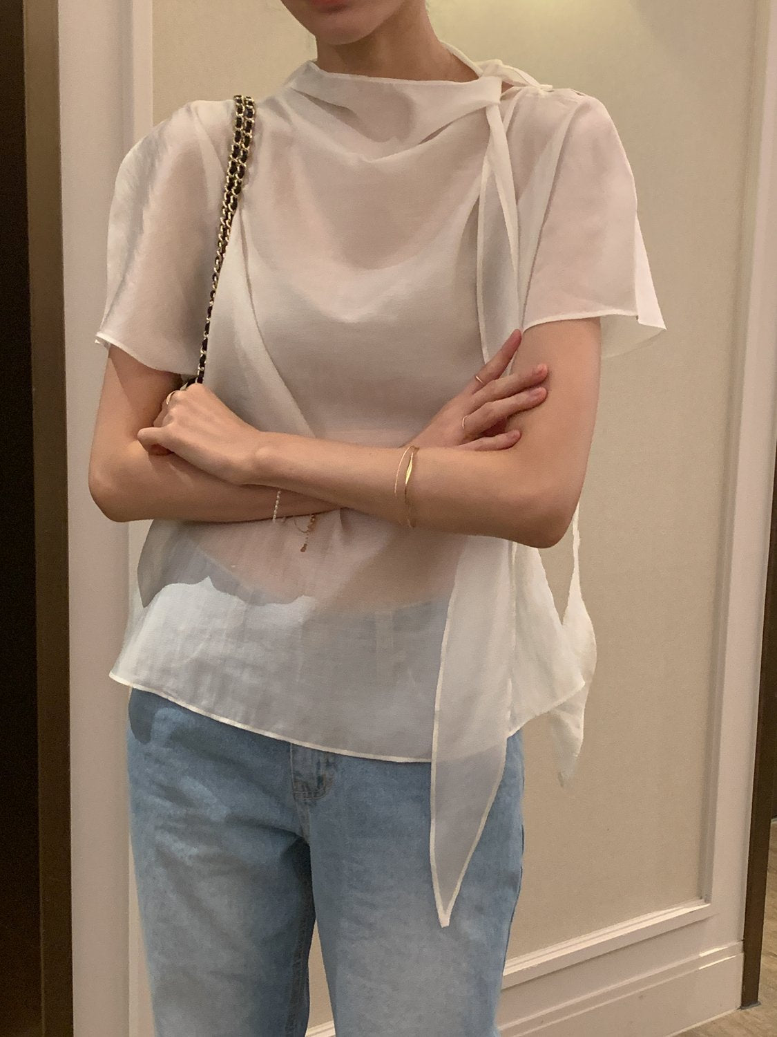 Tie Mock-Neck Blouse