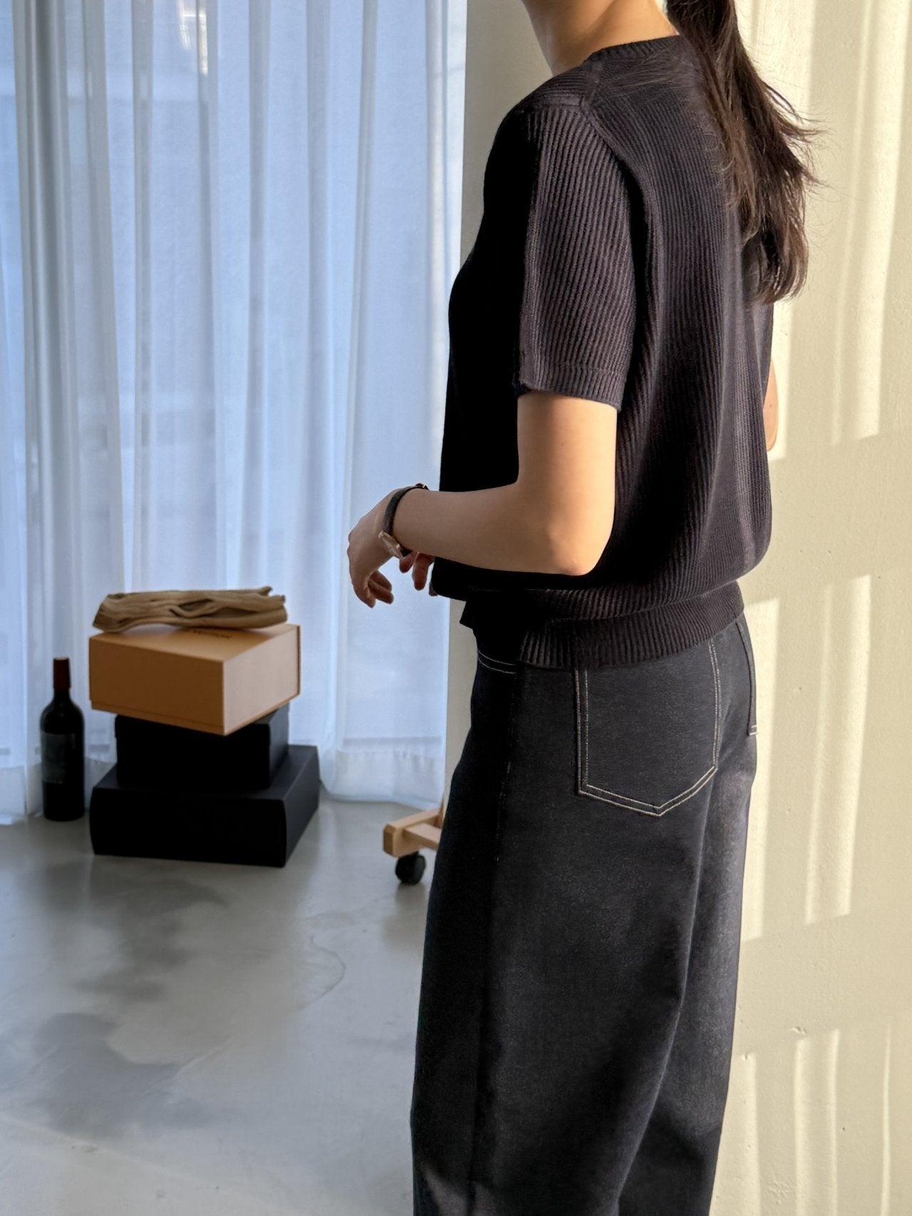 Textured Semi-Crop Knit (Short Sleeve) - Deep Navy