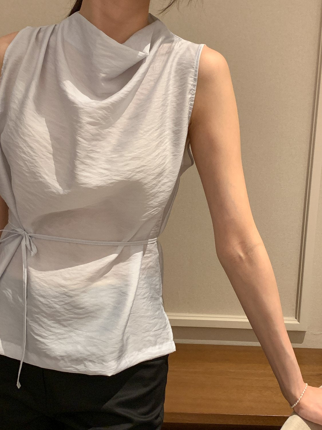 Cowl-Neck Shirring Sleeveless Blouse