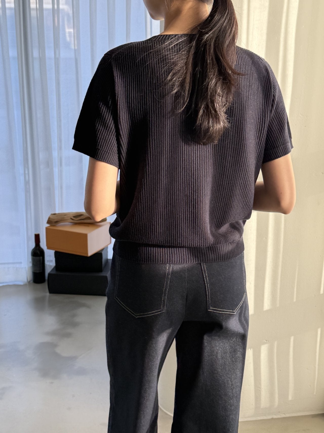 Textured Semi-Crop Knit (Short Sleeve) - Deep Navy