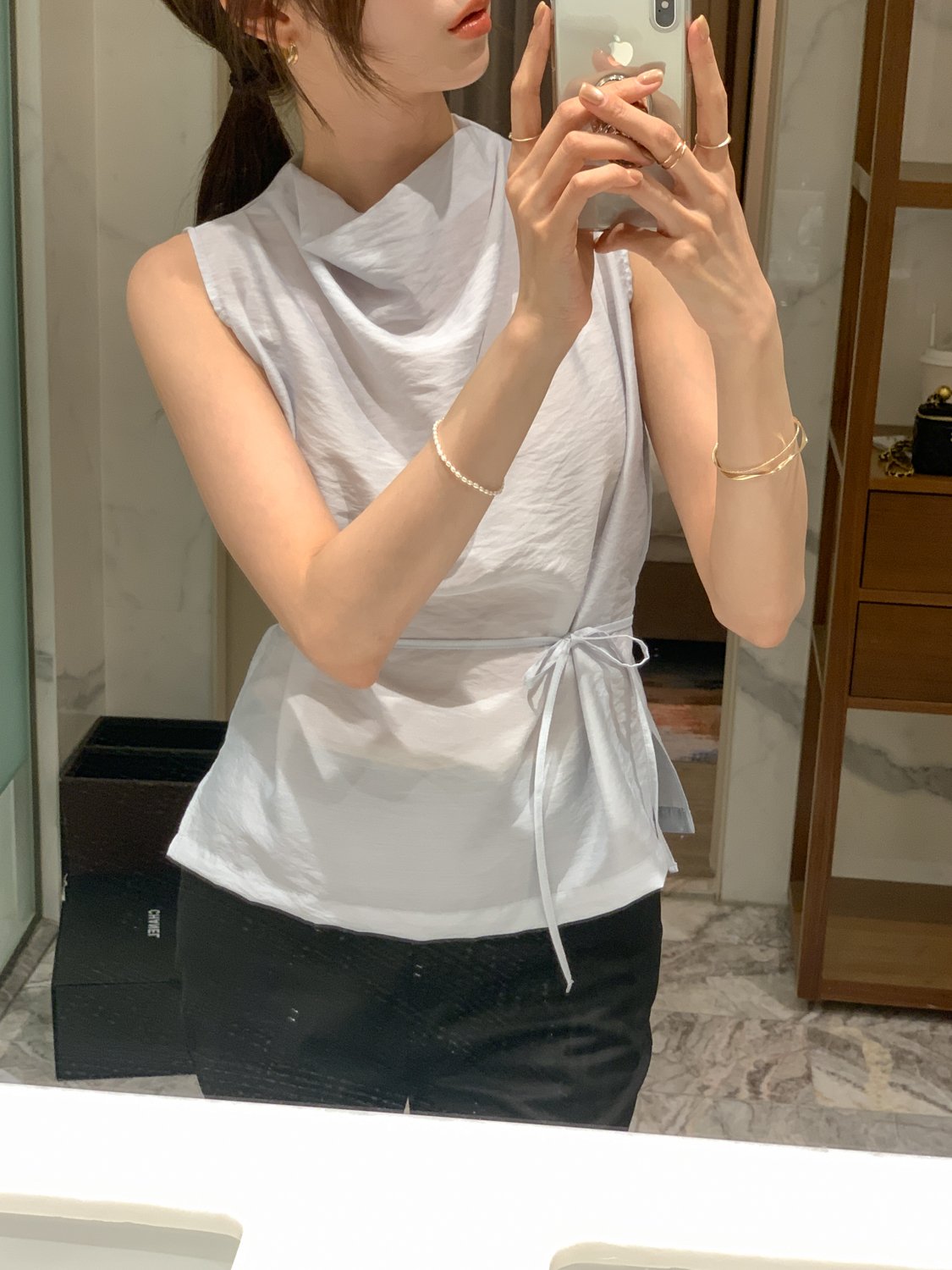 Cowl-Neck Shirring Sleeveless Blouse