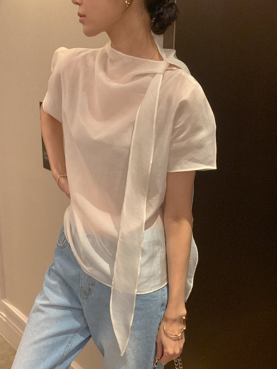 Tie Mock-Neck Blouse