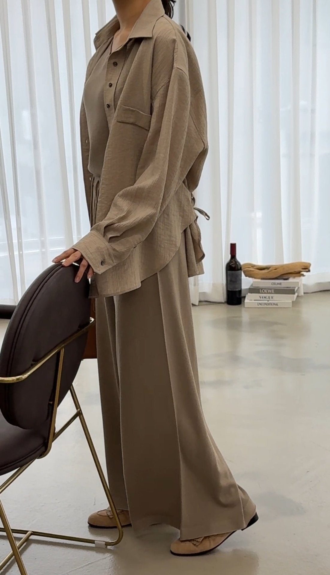 Wool-Tencel Crinkle Belted Overfit Shirt - Mocha Mousse