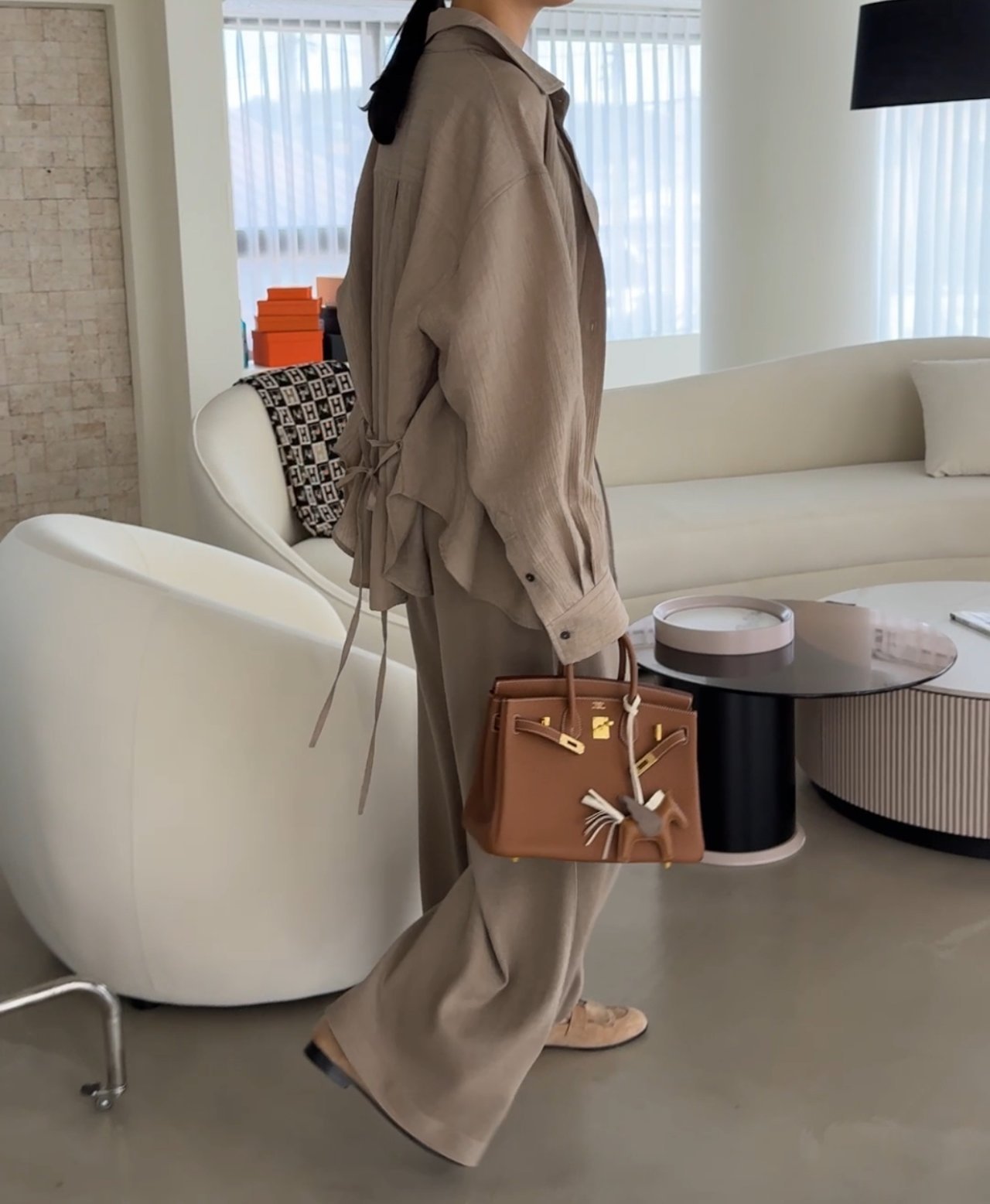 Wool-Tencel Crinkle Belted Overfit Shirt - Mocha Mousse