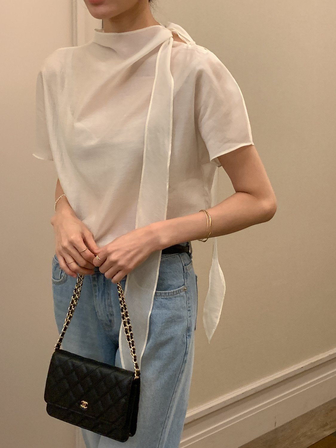 Tie Mock-Neck Blouse