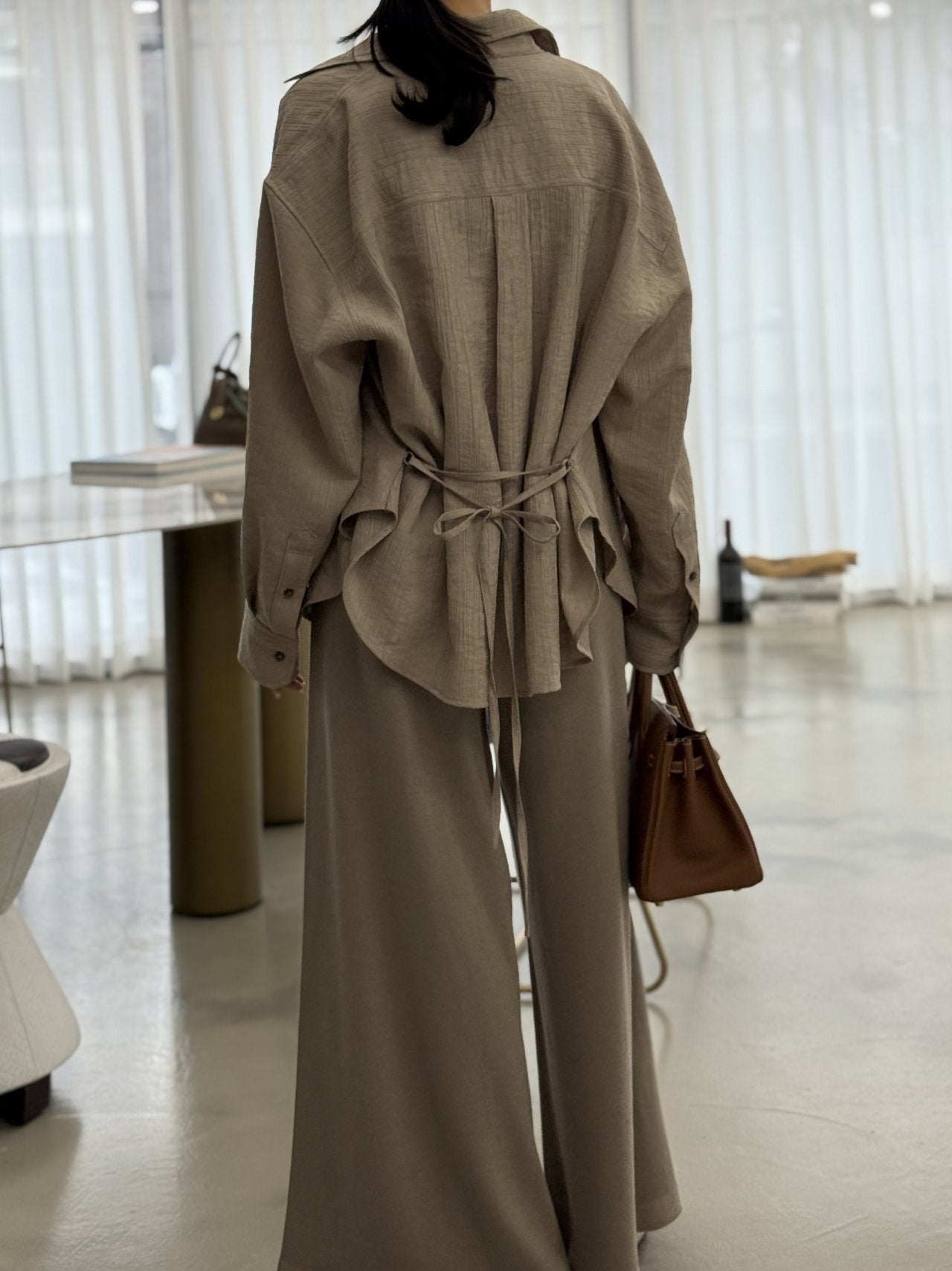 Wool-Tencel Crinkle Belted Overfit Shirt - Mocha Mousse