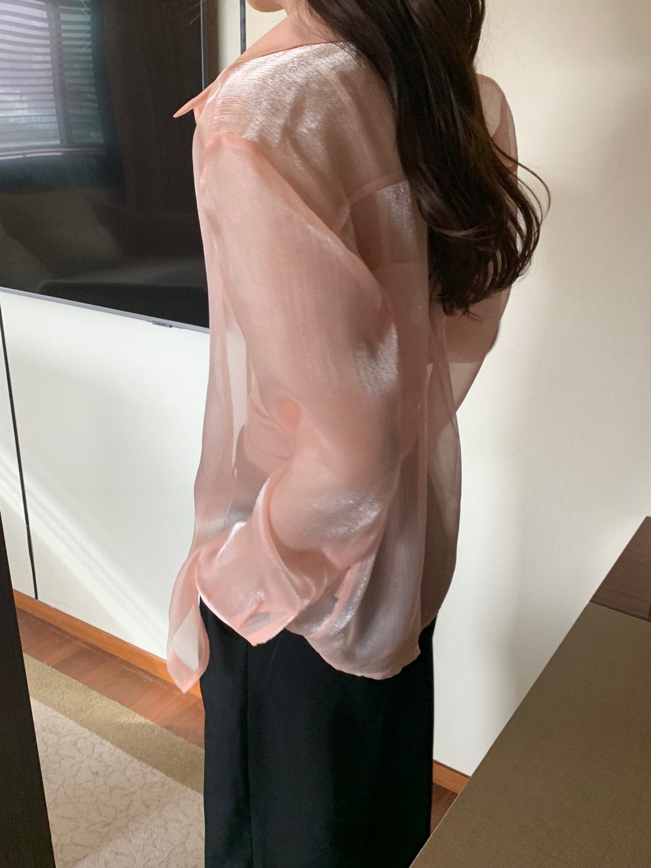 Luxury Organza Sheer Blouse – Sky Blue · White · Peach Pink