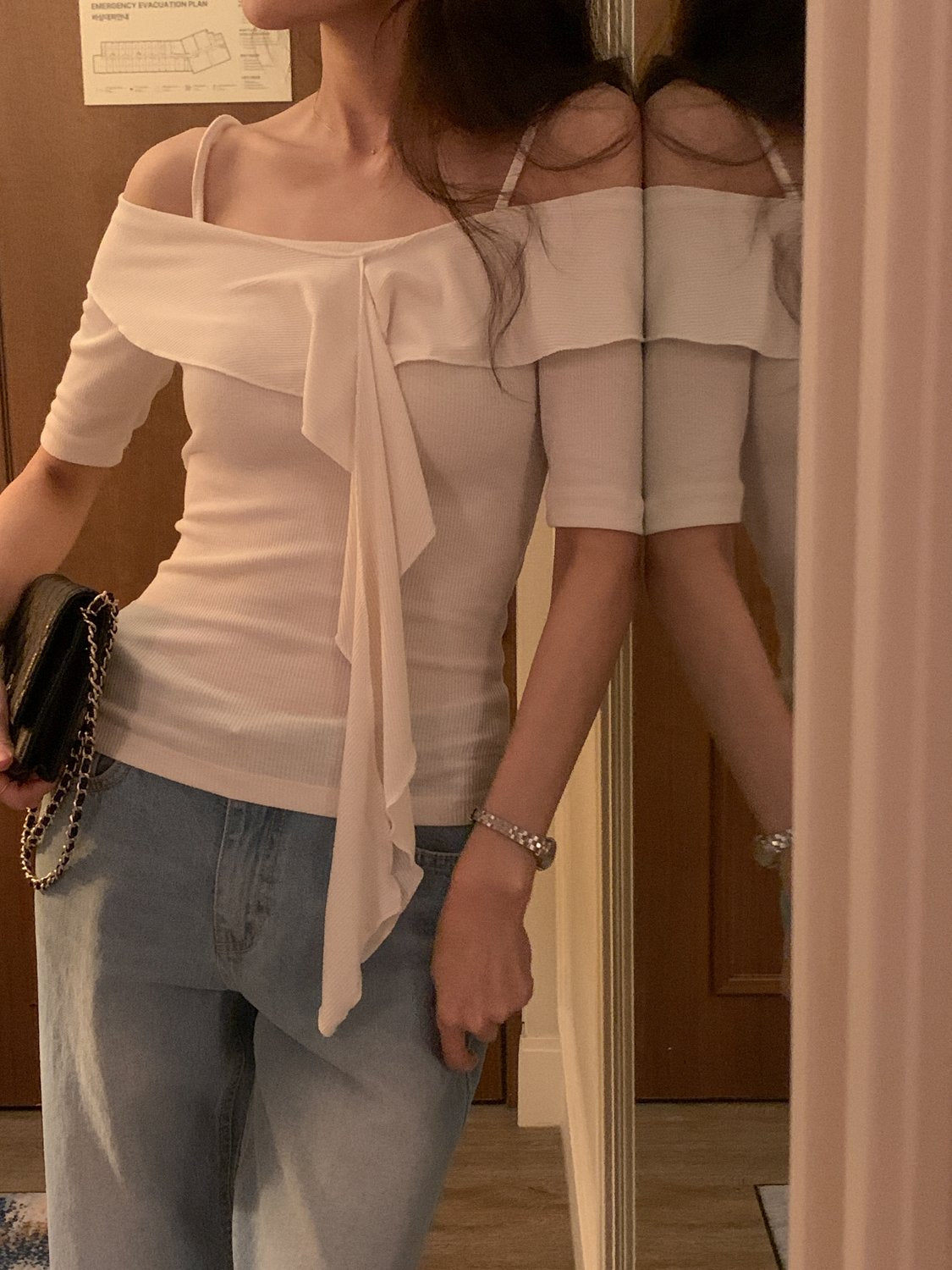 Frill Off the Shoulder Ribbed Tee