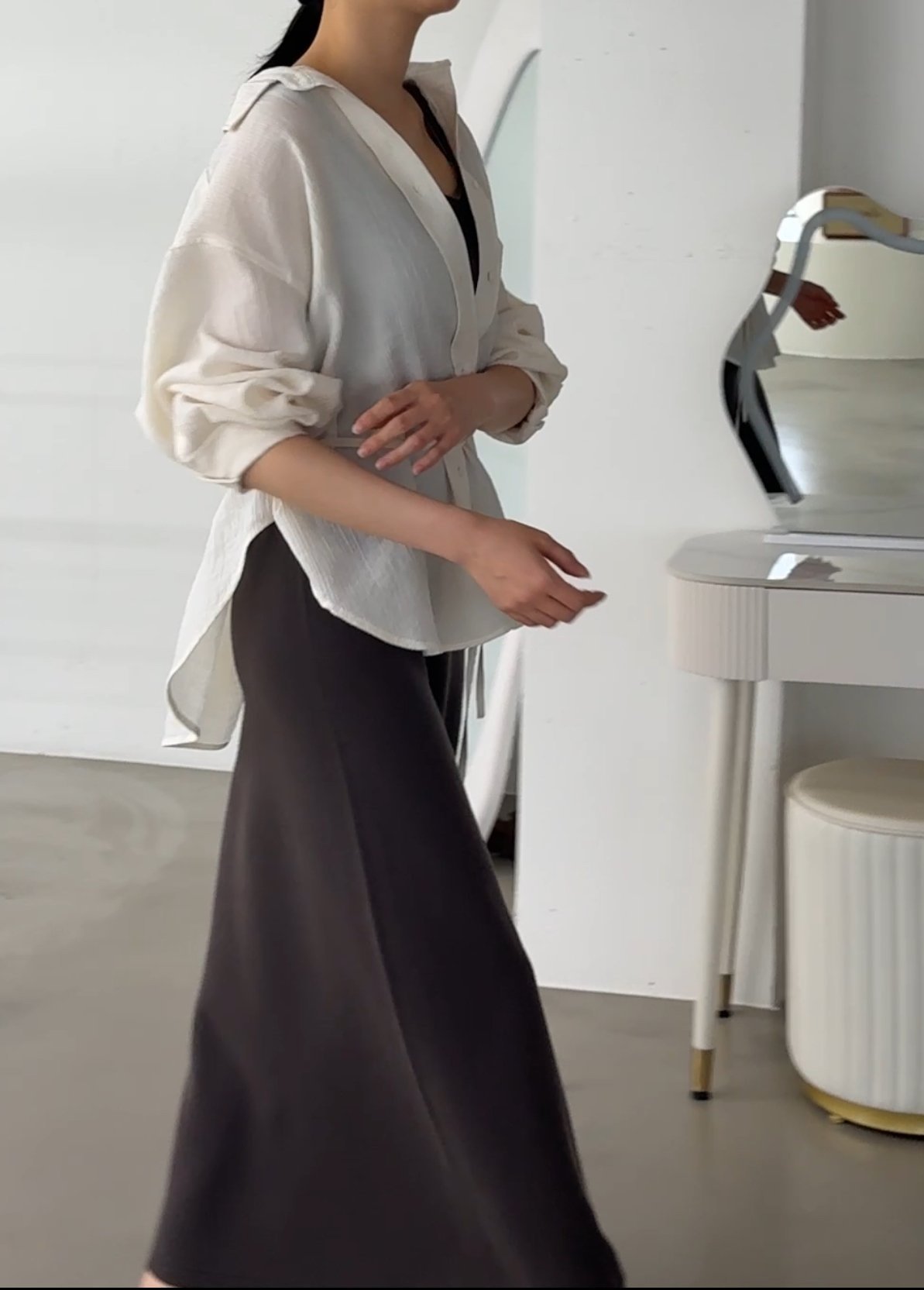 Wool-Tencel Crinkle Belted Overfit Shirt - Black