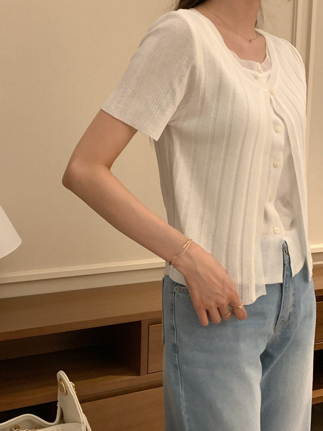2-in-1 Ribbed Short-Sleeve Cardigan