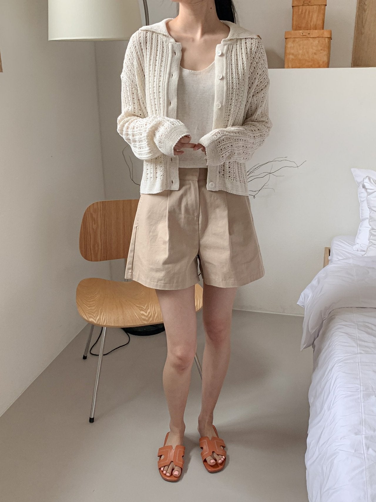 Linen-Cotton Perforated Collar Cardigan