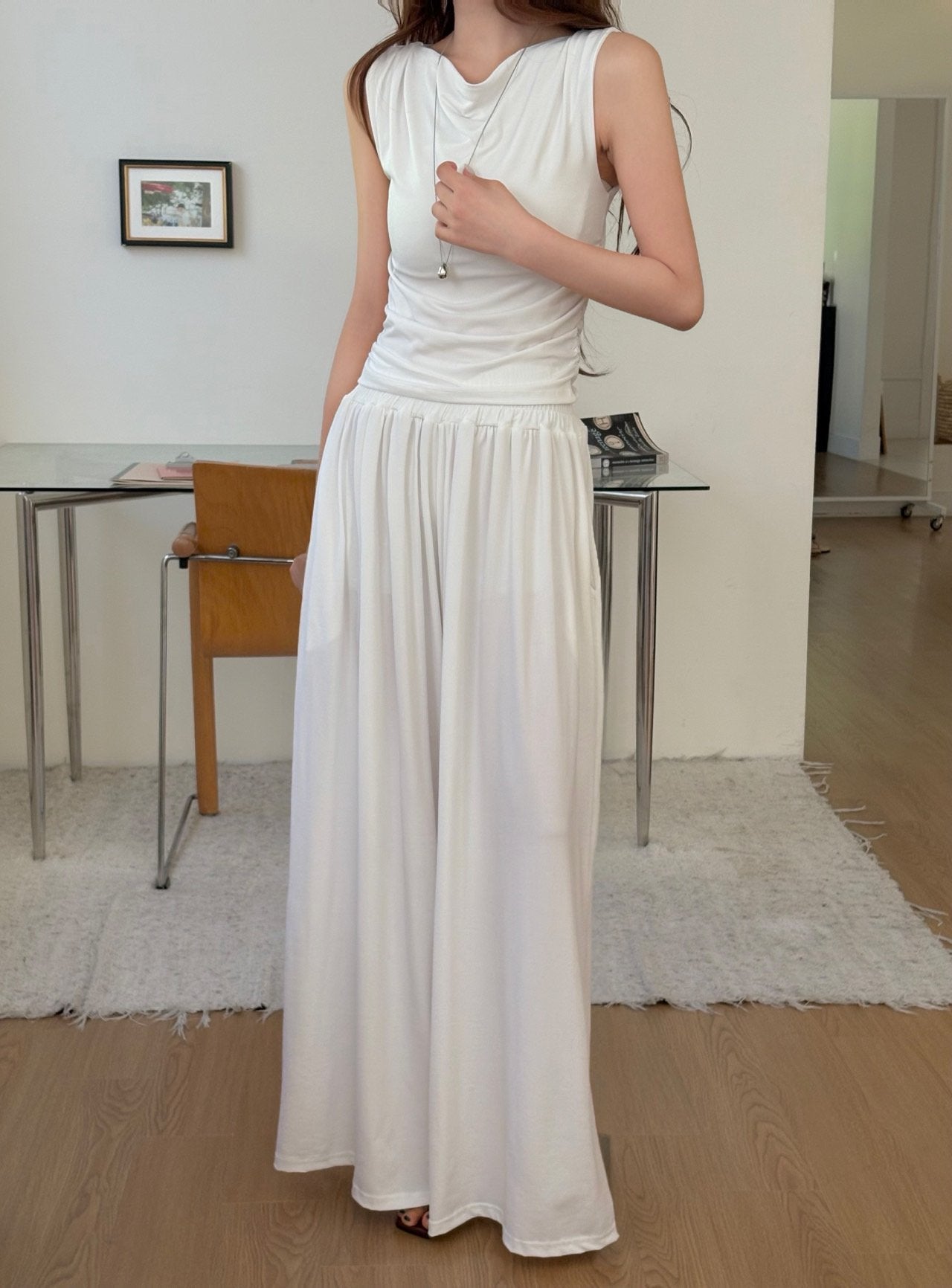 Draped Sleeveless & Wide-Leg Pants Set