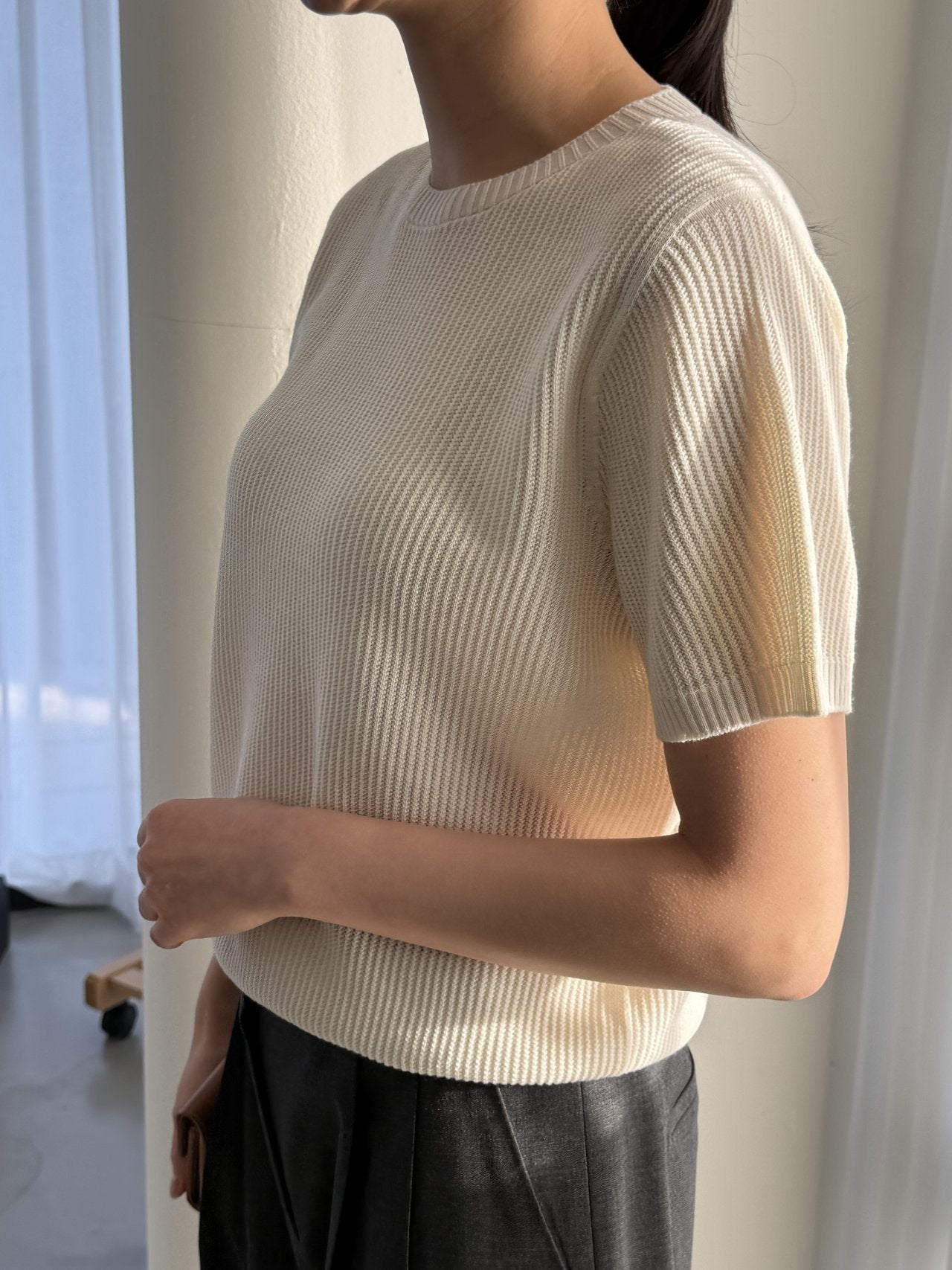 Textured Semi-Crop Knit (Short Sleeve) - Ivory