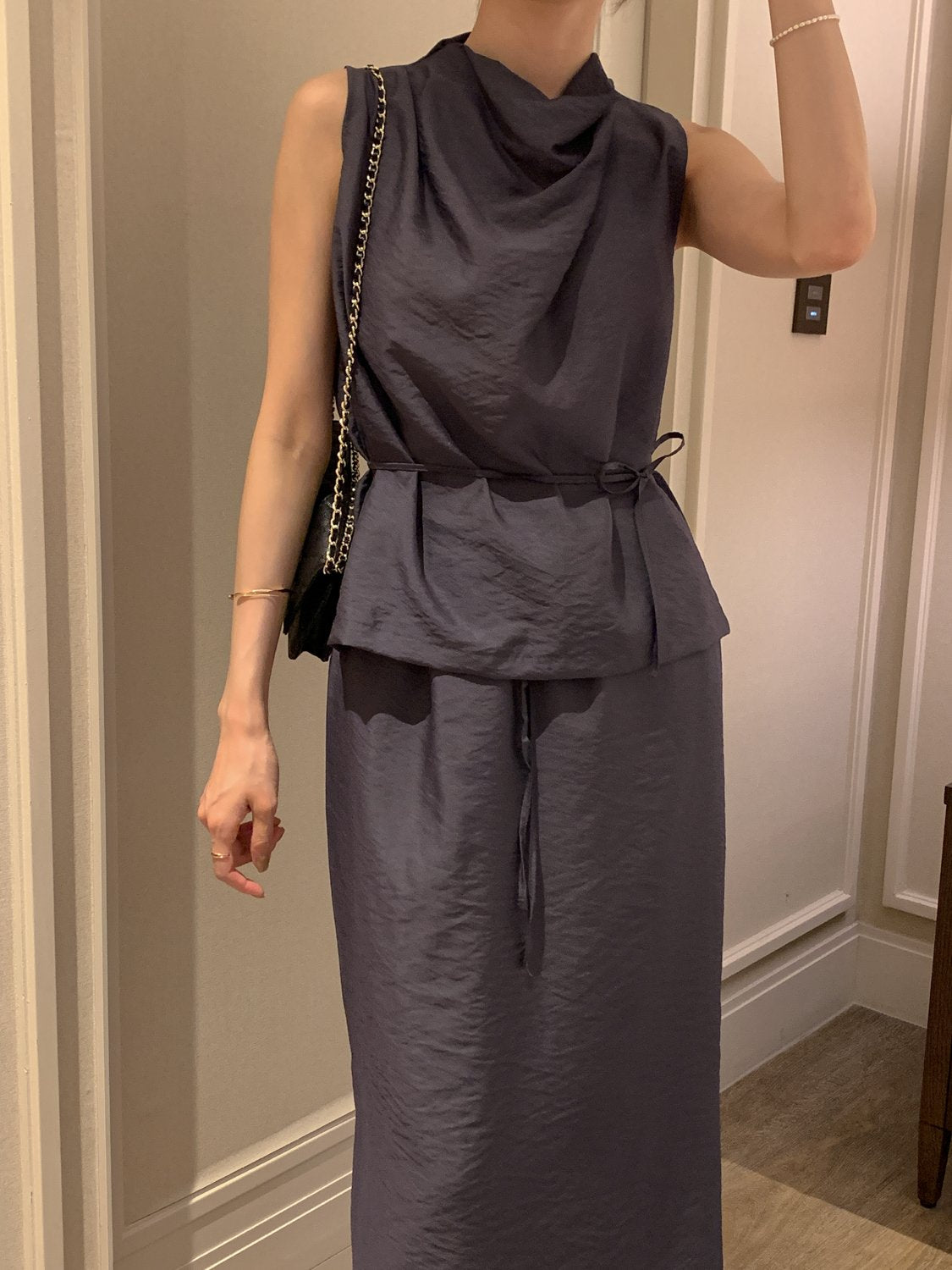 Cowl-Neck Shirring Sleeveless Blouse