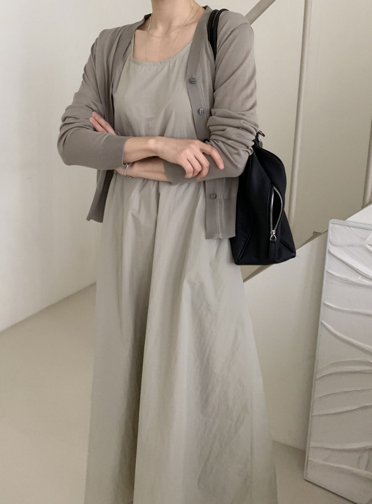 Crisp Texture Long Dress & Matching Cardigan set