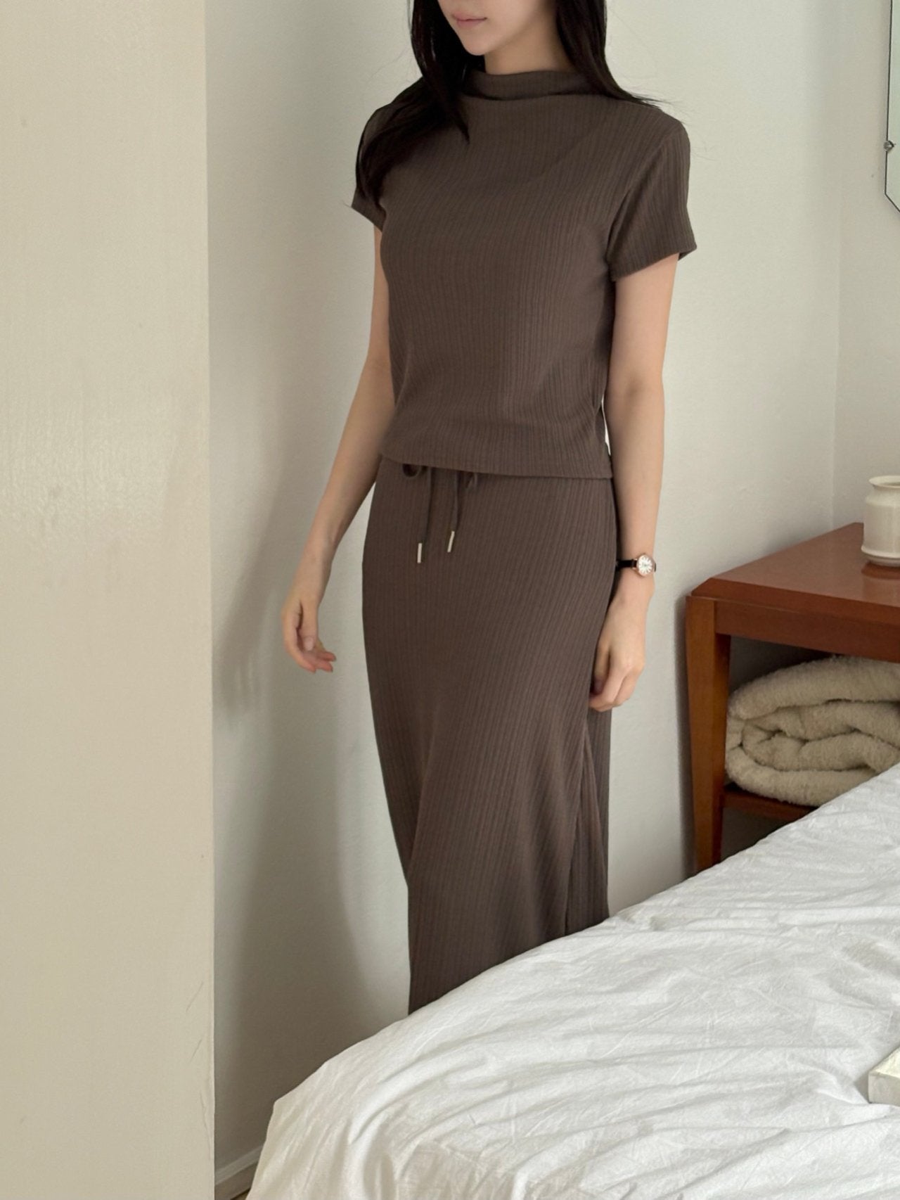 Wrinkle-Textured Half-Sleeve Top & Long Skirt Set
