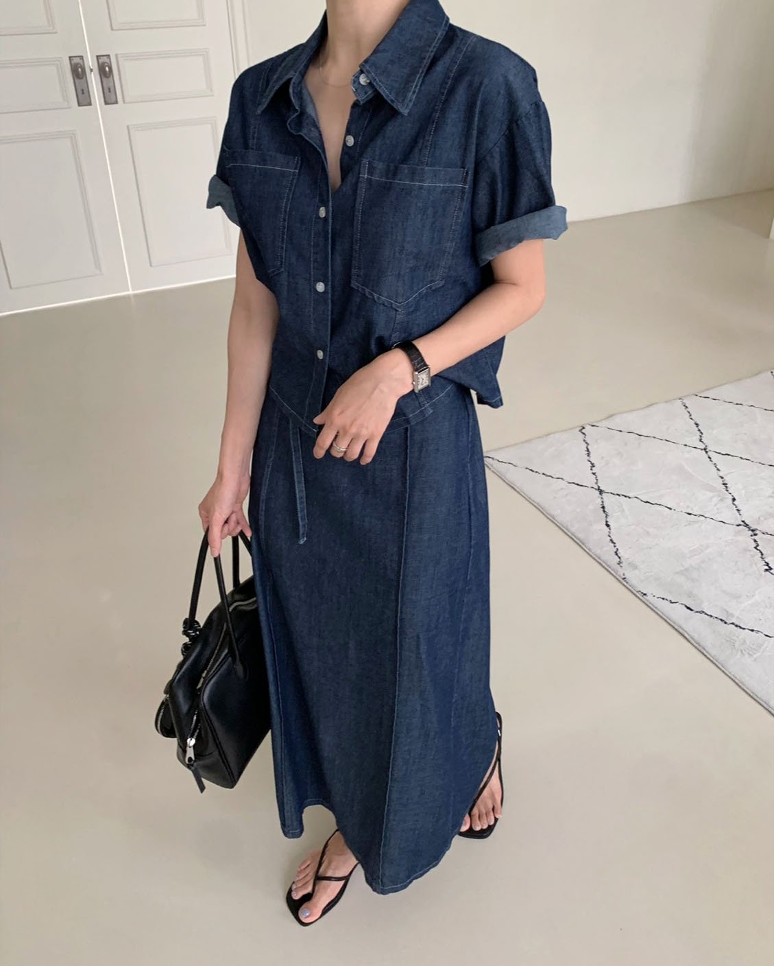 Short Sleeve Denim Shirt & Back-Band Denim Skirt set