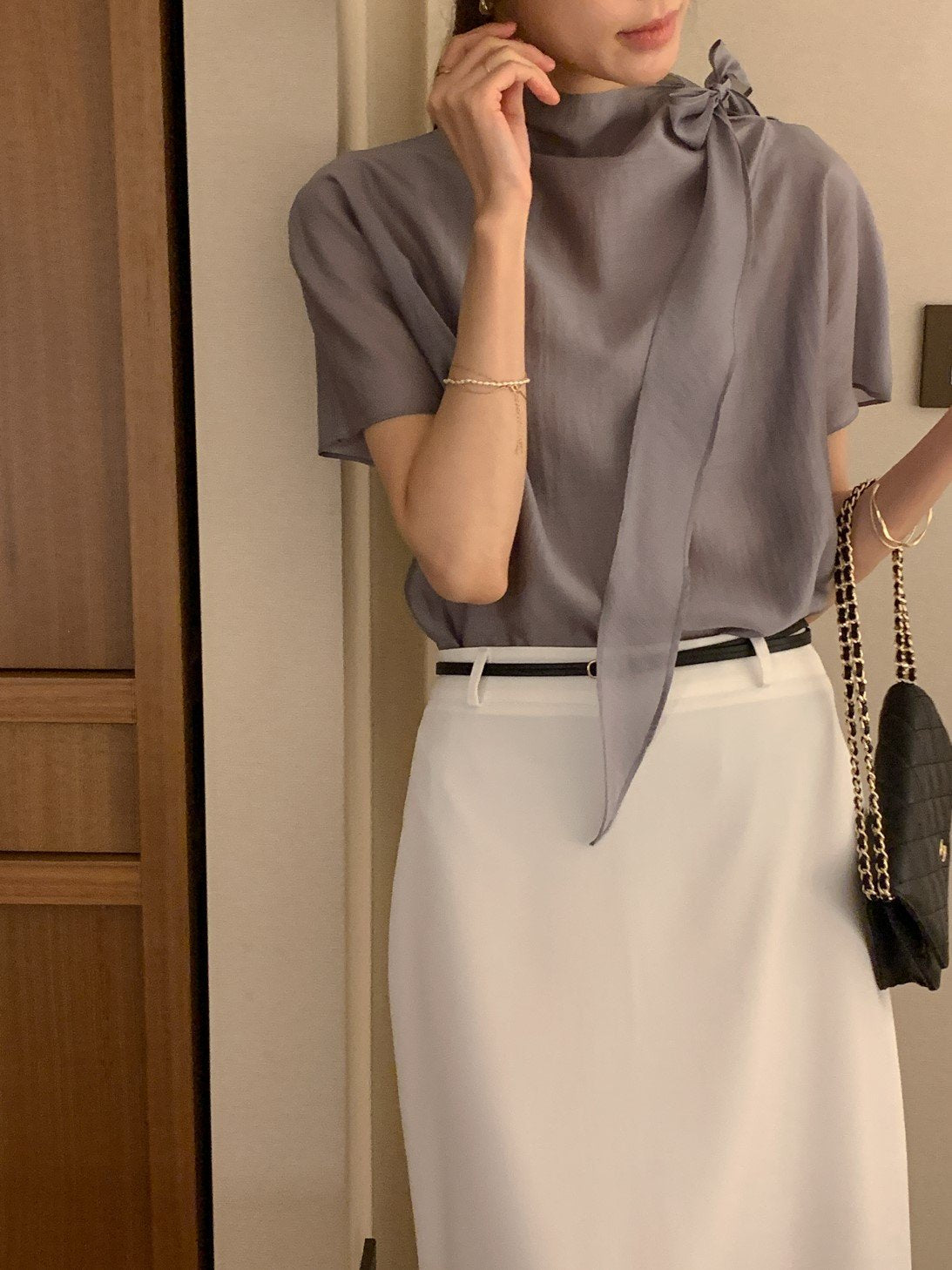 Tie Mock-Neck Blouse
