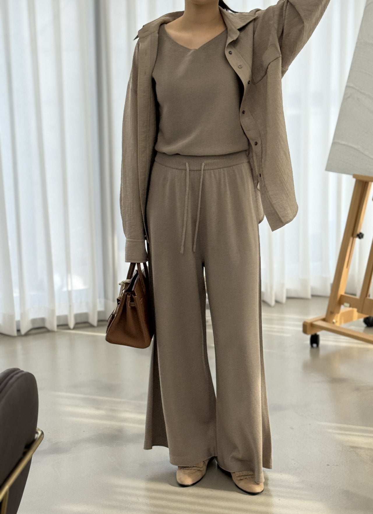 Wool-Tencel Crinkle Belted Overfit Shirt - Mocha Mousse