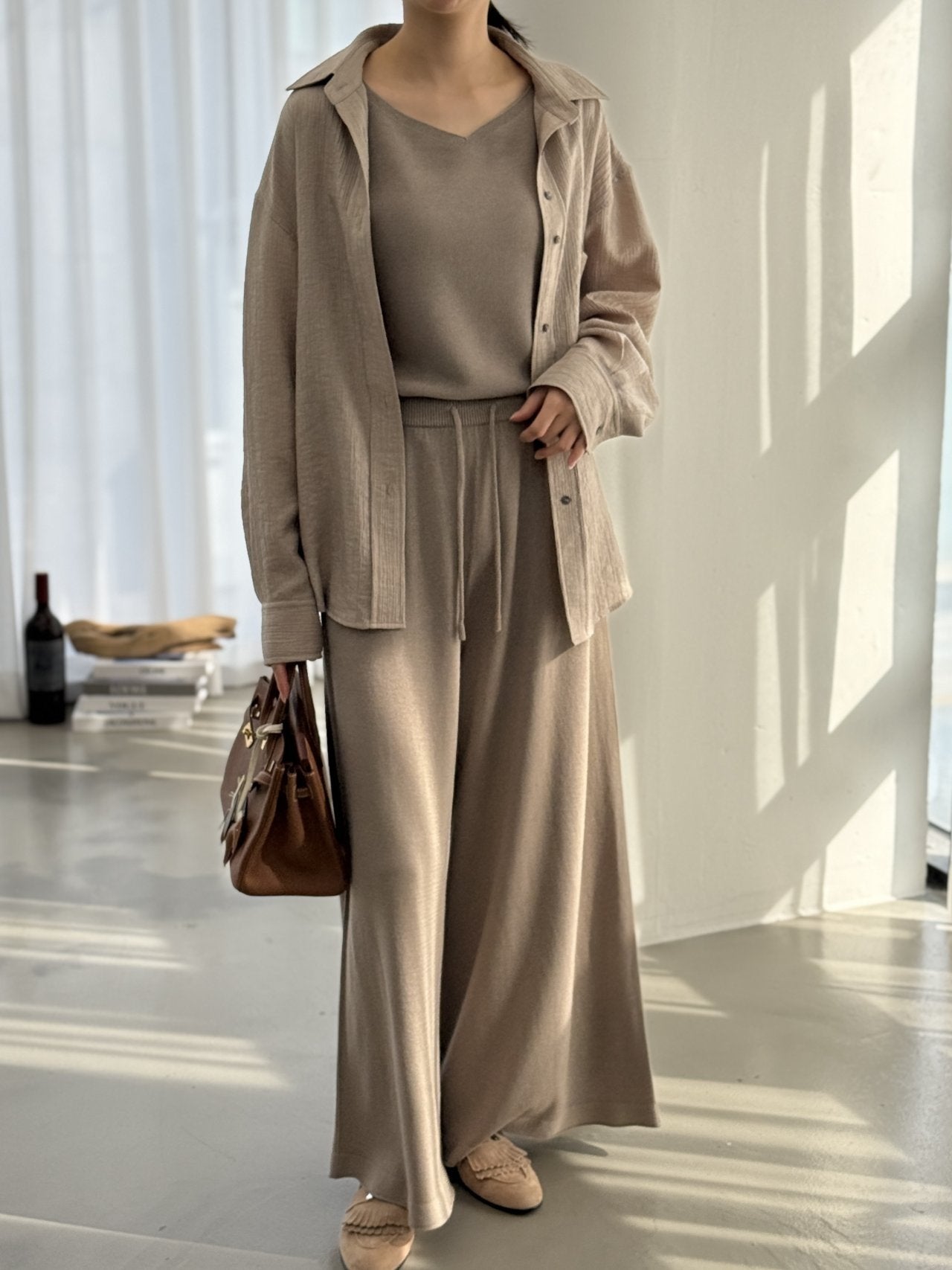 Wool-Tencel Crinkle Belted Overfit Shirt - Mocha Mousse