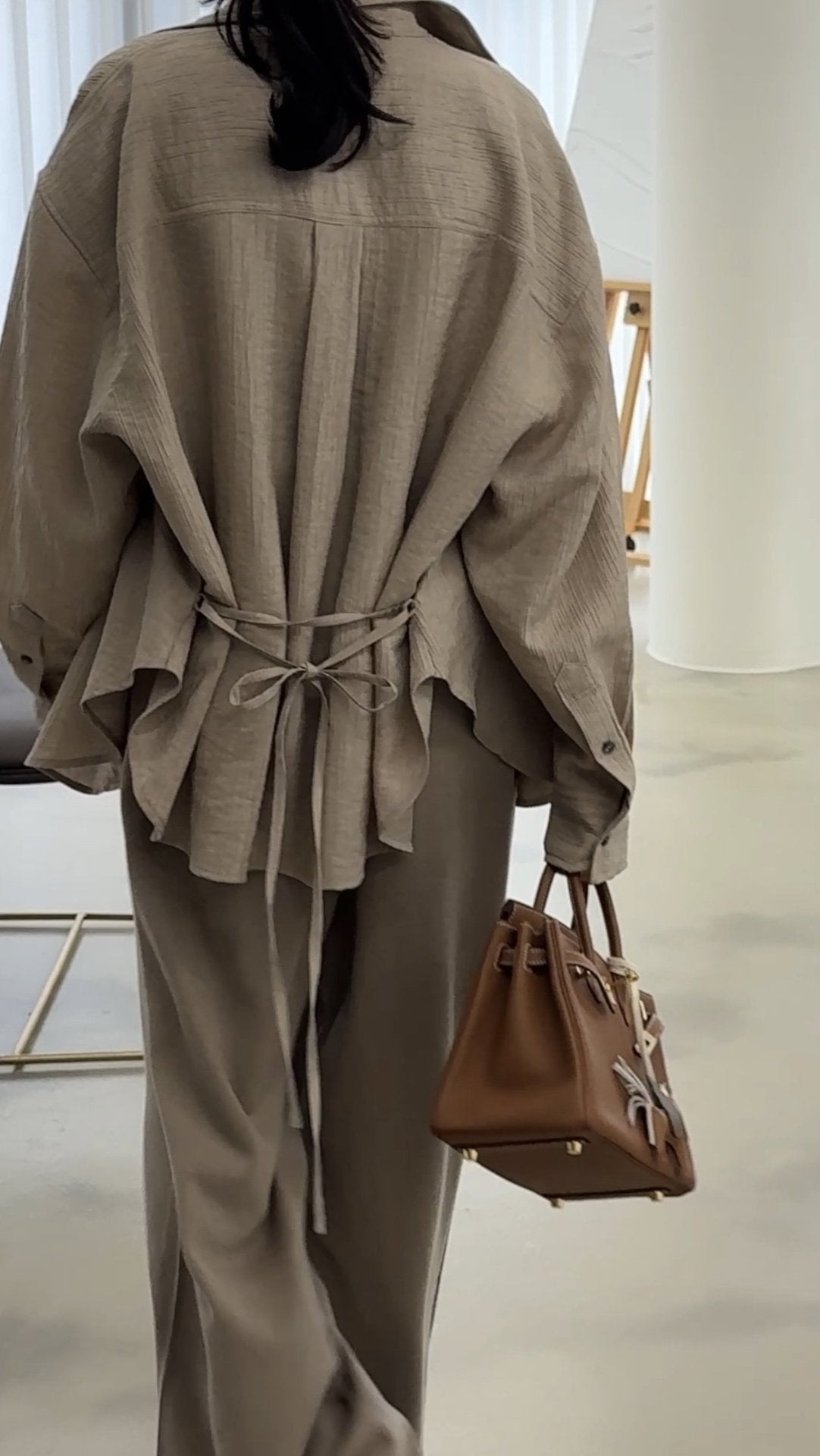 Wool-Tencel Crinkle Belted Overfit Shirt - Mocha Mousse